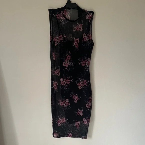 Charlotte Russe Black Mesh Midi Dress with Pink Floral Print - Picture 4 of 8